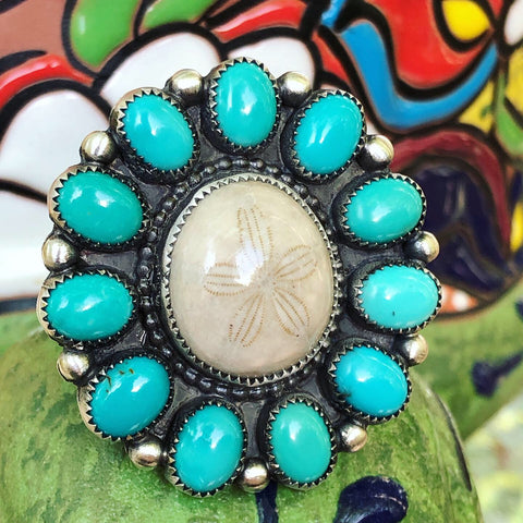 Fossil Sand Dollar & Candelaria Turquoise Cluster Ring 8